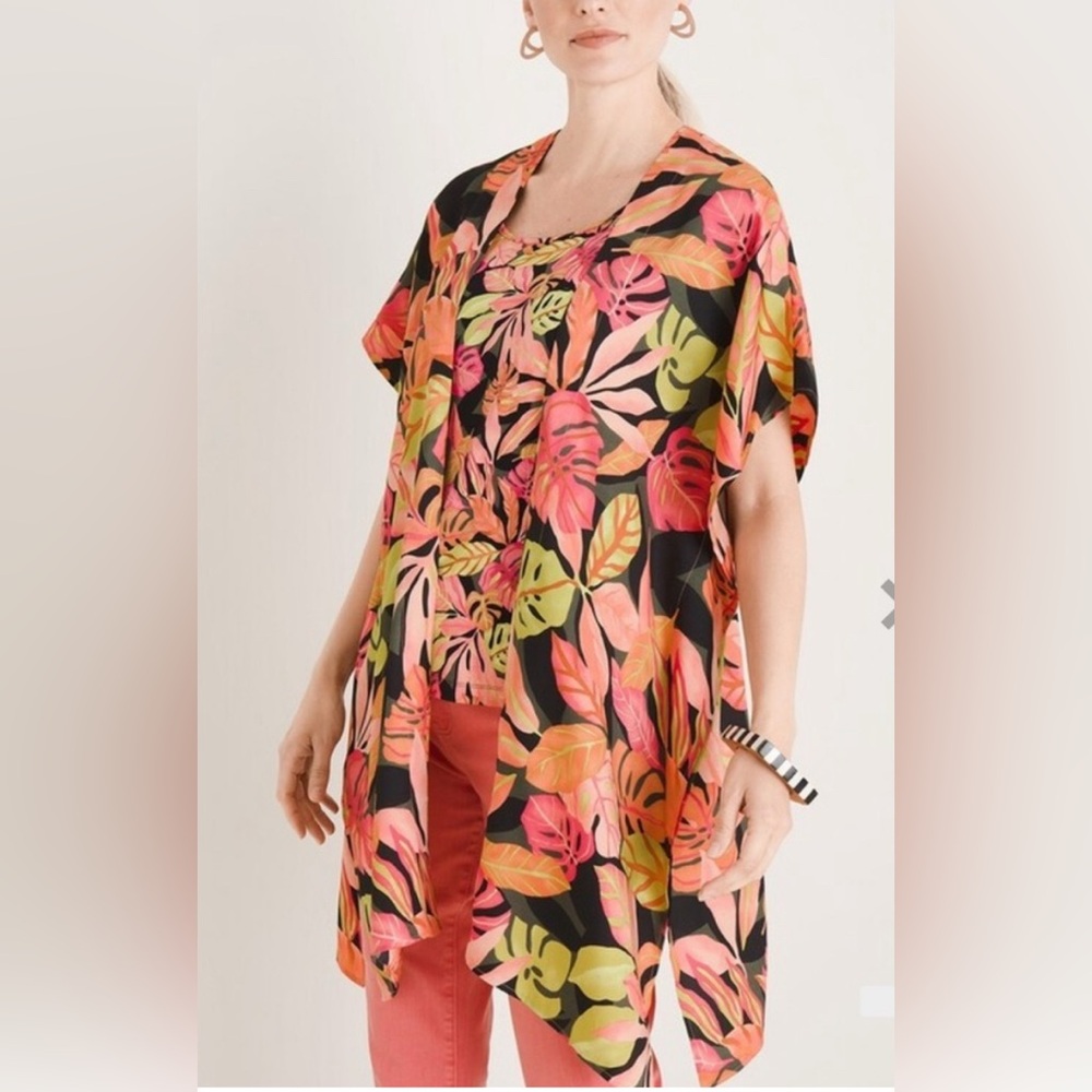 NEW Chicos | Palm Print Kimono Kaftan Beaded Tassel Ties Longline Sz‎ S/M